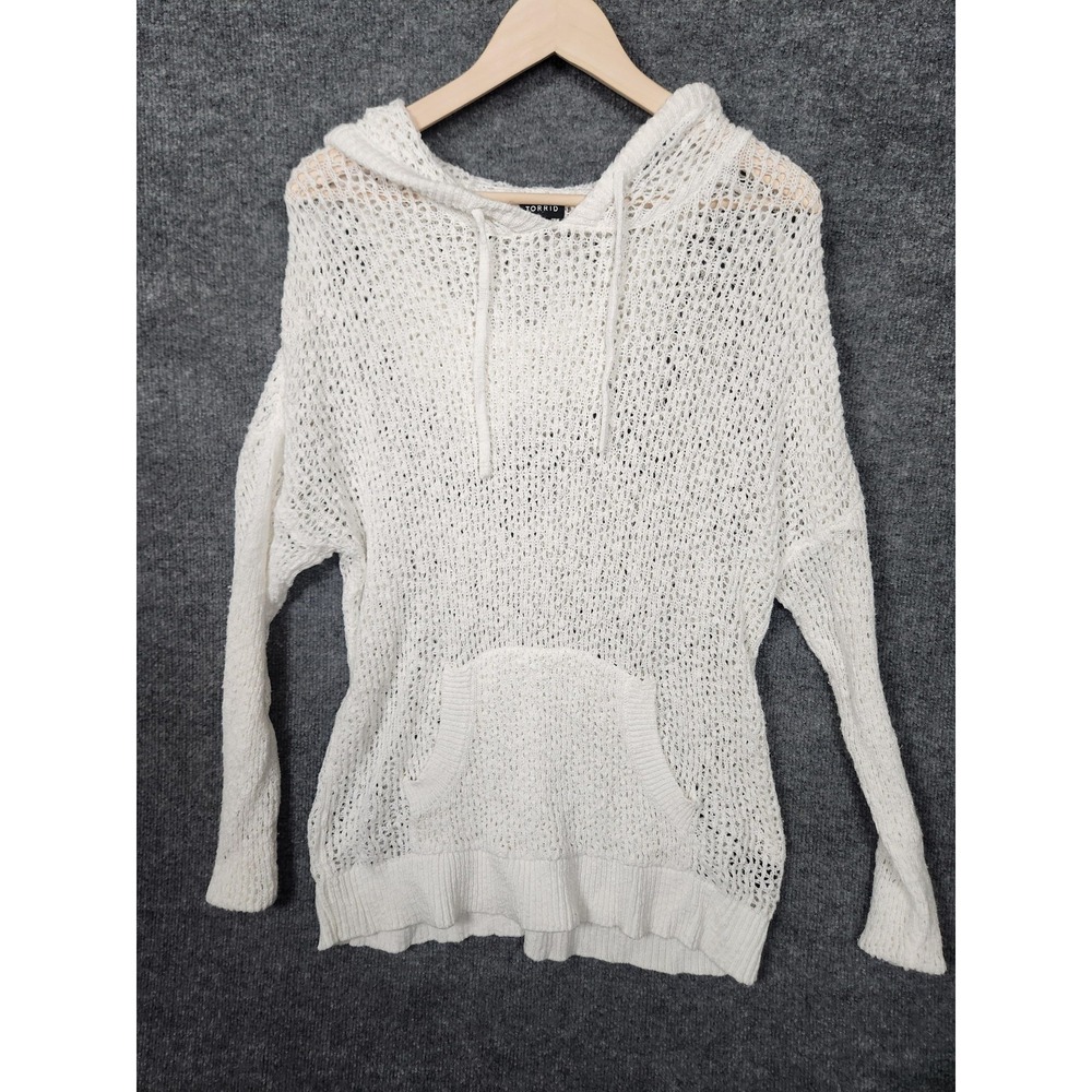 Torrid Sweater Womens Plus 00 White Open Knit Hooded Pullover Kangaroo Pocket